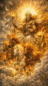 Imagem decorativa de Faetonte em uma biga puxada por cavalos.