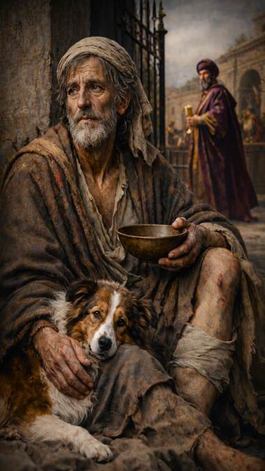 Imagem de um mendigo pedindo esmola na rua com um cachorro ao seu lado.