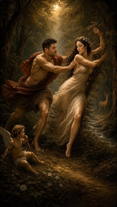 imagem de um casal da mitologia observados por um anjo cupido.