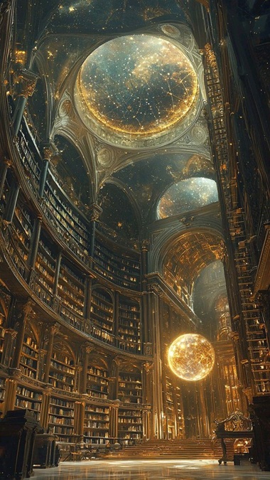 Imagem de uma biblioteca com vitrais para o sistema solar