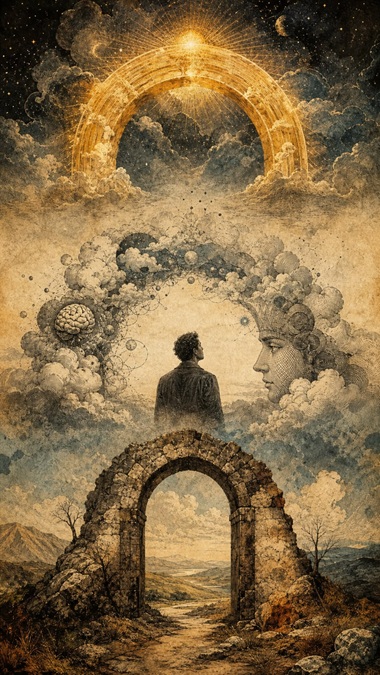 imagem de uma pessoa em um portal tridimensional, observando e sendo observado.