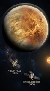Imagem do planeta vênus e em segundo plano sondas que chegaram até ele.