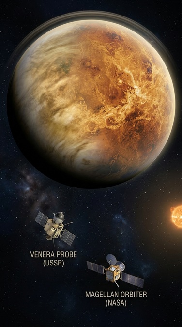 Imagem do planeta vênus e em segundo plano sondas que chegaram até ele.